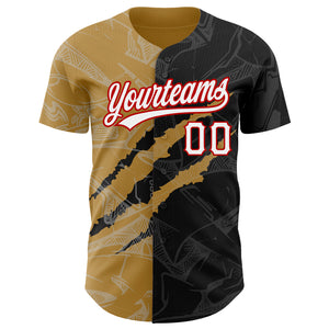 Custom Graffiti Pattern Black Old Gold-Red 3D Scratch Authentic Baseball Jersey