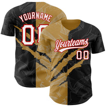 Laden Sie das Bild in den Galerie-Viewer, Custom Graffiti Pattern Black Old Gold-Red 3D Scratch Authentic Baseball Jersey
