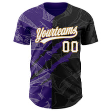 Laden Sie das Bild in den Galerie-Viewer, Custom Graffiti Pattern Black Purple-Old Gold 3D Scratch Authentic Baseball Jersey
