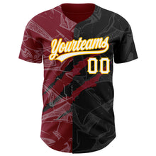 Load image into Gallery viewer, Custom Graffiti Pattern Black Crimson-Gold 3D Scratch Authentic Baseball Jersey
