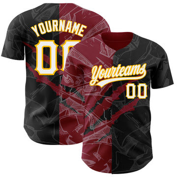 Custom Graffiti Pattern Black Crimson-Gold 3D Scratch Authentic Baseball Jersey