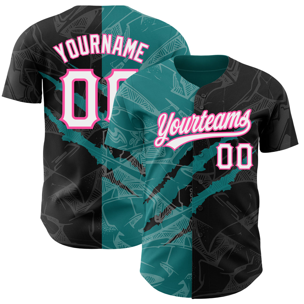 Custom Graffiti Pattern Black Teal-Pink 3D Scratch Authentic Baseball Jersey