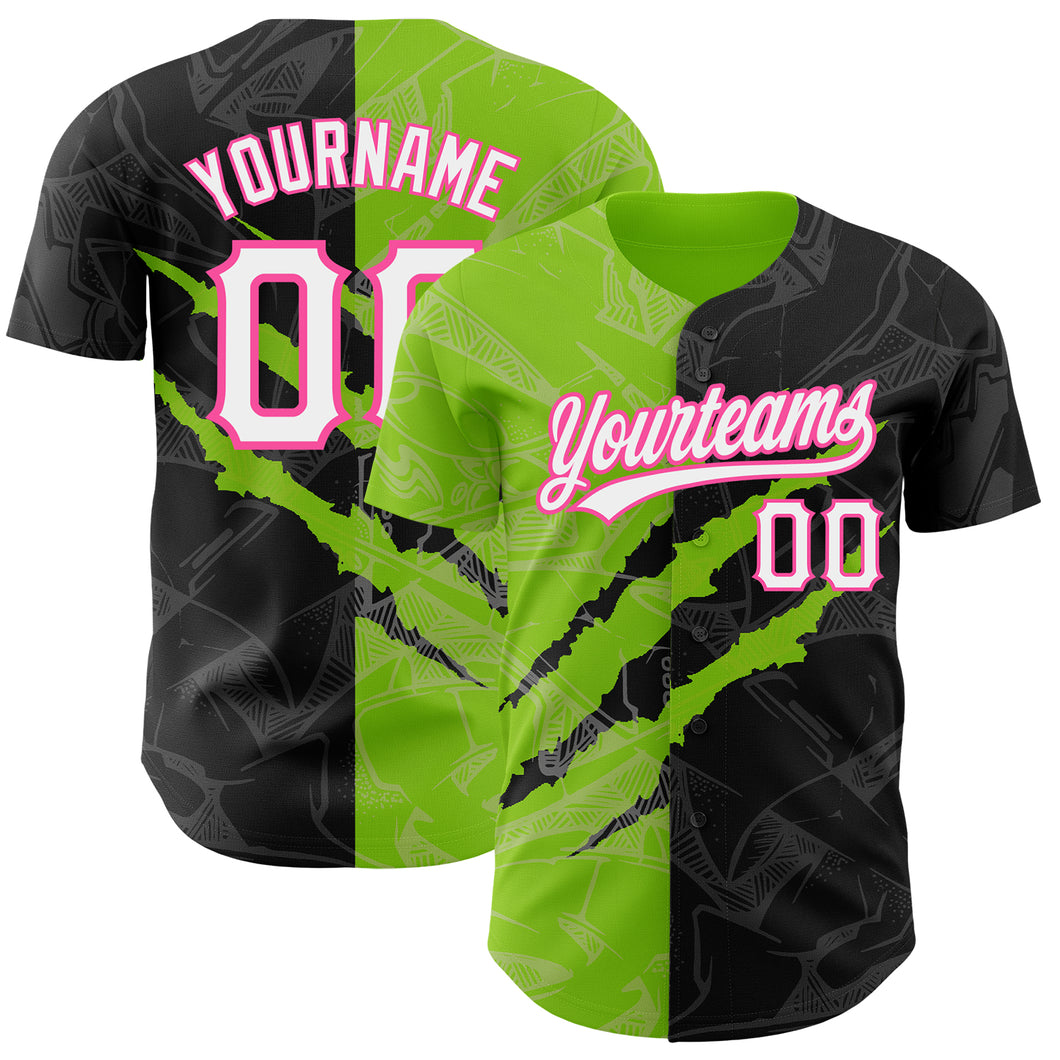 Custom Graffiti Pattern Black Neon Green-Pink 3D Scratch Authentic Baseball Jersey