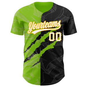 Custom Graffiti Pattern Black Neon Green-Gold 3D Scratch Authentic Baseball Jersey