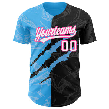 Custom Graffiti Pattern Black Sky Blue-Pink 3D Scratch Authentic Baseball Jersey