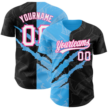 Custom Graffiti Pattern Black Sky Blue-Pink 3D Scratch Authentic Baseball Jersey