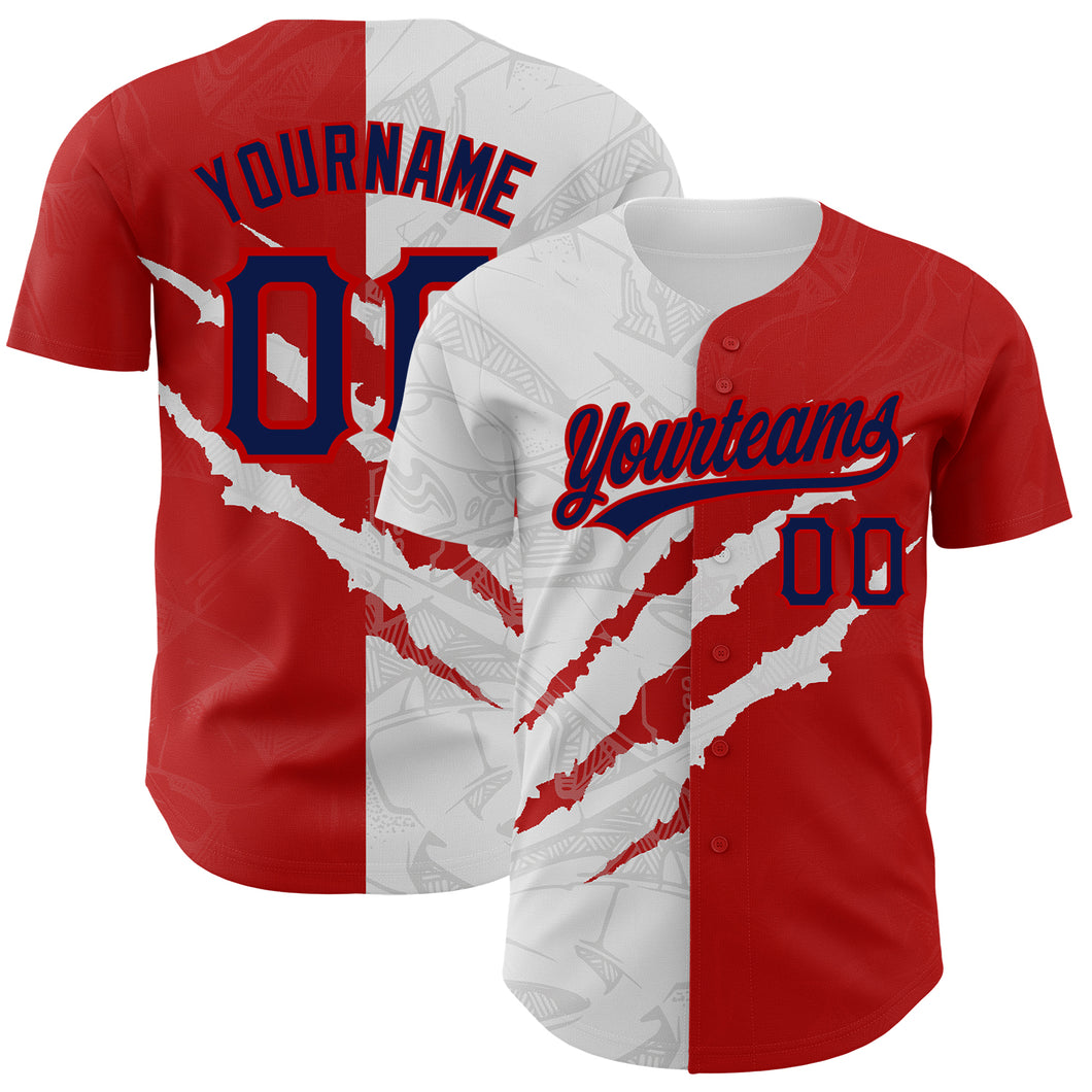 Custom Graffiti Pattern Navy-Red 3D Scratch Authentic Baseball Jersey