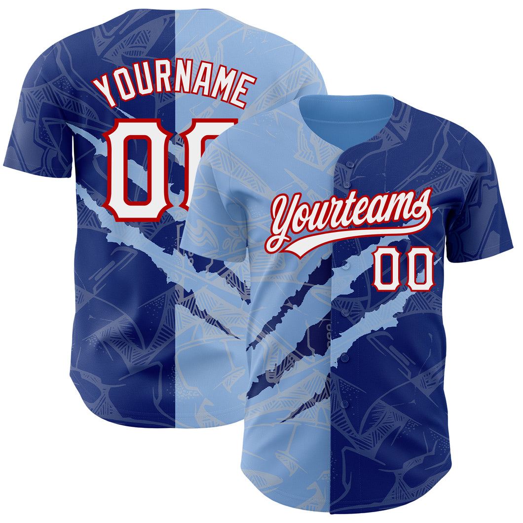 Custom Graffiti Pattern Royal Light Blue-Red 3D Scratch Authentic Baseball Jersey