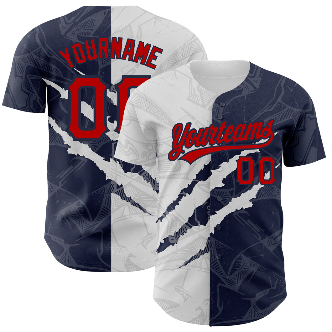 Custom Graffiti Pattern Red-Navy 3D Scratch Authentic Baseball Jersey