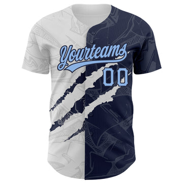 Custom Graffiti Pattern Light Blue-Navy 3D Scratch Authentic Baseball Jersey