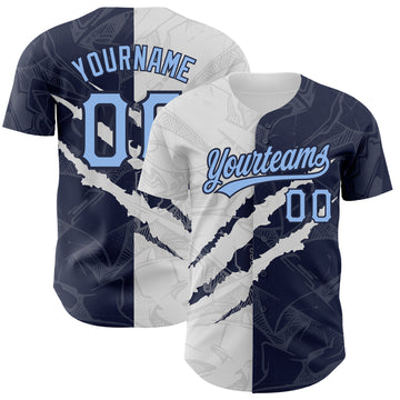 Custom Graffiti Pattern Light Blue-Navy 3D Scratch Authentic Baseball Jersey