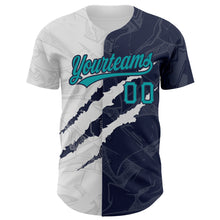 Load image into Gallery viewer, Custom Graffiti Pattern Teal-Navy 3D Scratch Authentic Baseball Jersey
