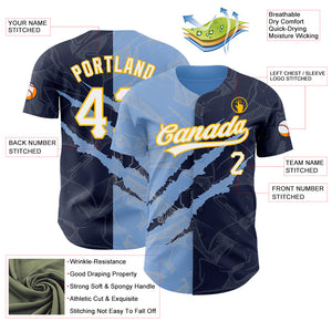 Custom Graffiti Pattern Navy Light Blue-Gold 3D Scratch Authentic Baseball Jersey
