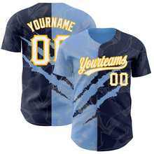 Load image into Gallery viewer, Custom Graffiti Pattern Navy Light Blue-Gold 3D Scratch Authentic Baseball Jersey
