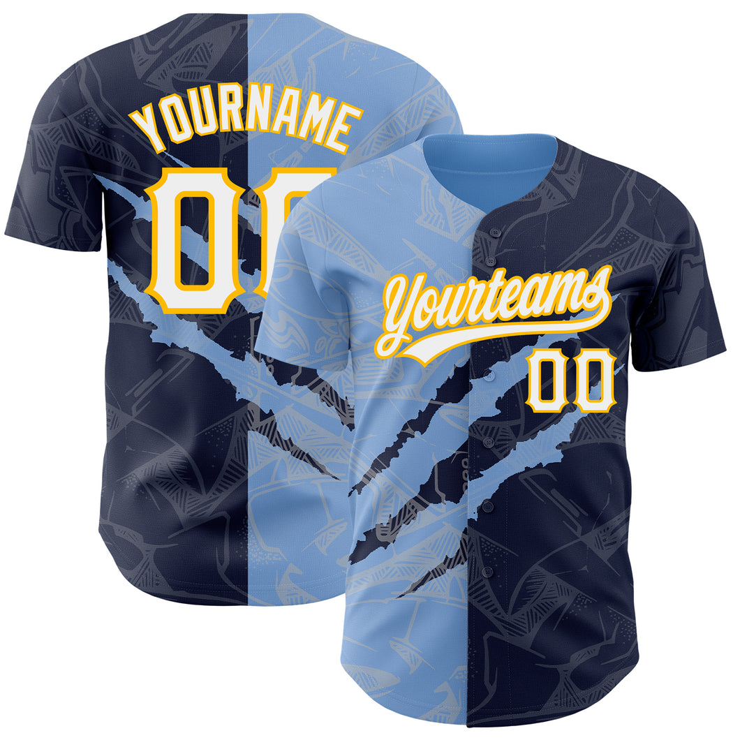 Custom Graffiti Pattern Navy Light Blue-Gold 3D Scratch Authentic Baseball Jersey