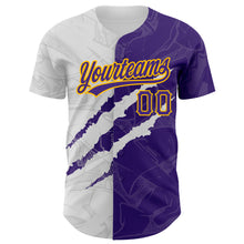 Load image into Gallery viewer, Custom Graffiti Pattern Purple-Gold 3D Scratch Authentic Baseball Jersey
