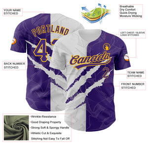 Custom Graffiti Pattern Purple-Gold 3D Scratch Authentic Baseball Jersey