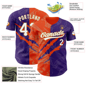 Custom Graffiti Pattern Purple Orange-Old Gold 3D Scratch Authentic Baseball Jersey