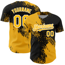 Laden Sie das Bild in den Galerie-Viewer, Custom Black Gold-White 3D Pattern Design Abstract Brush Stroke Authentic Baseball Jersey
