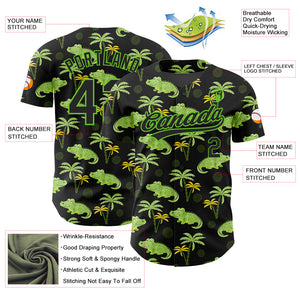 Custom Black Aurora Green 3D Pattern Design Crocodile And Tropical Hawaii Palm Trees Authentic Baseball Jersey