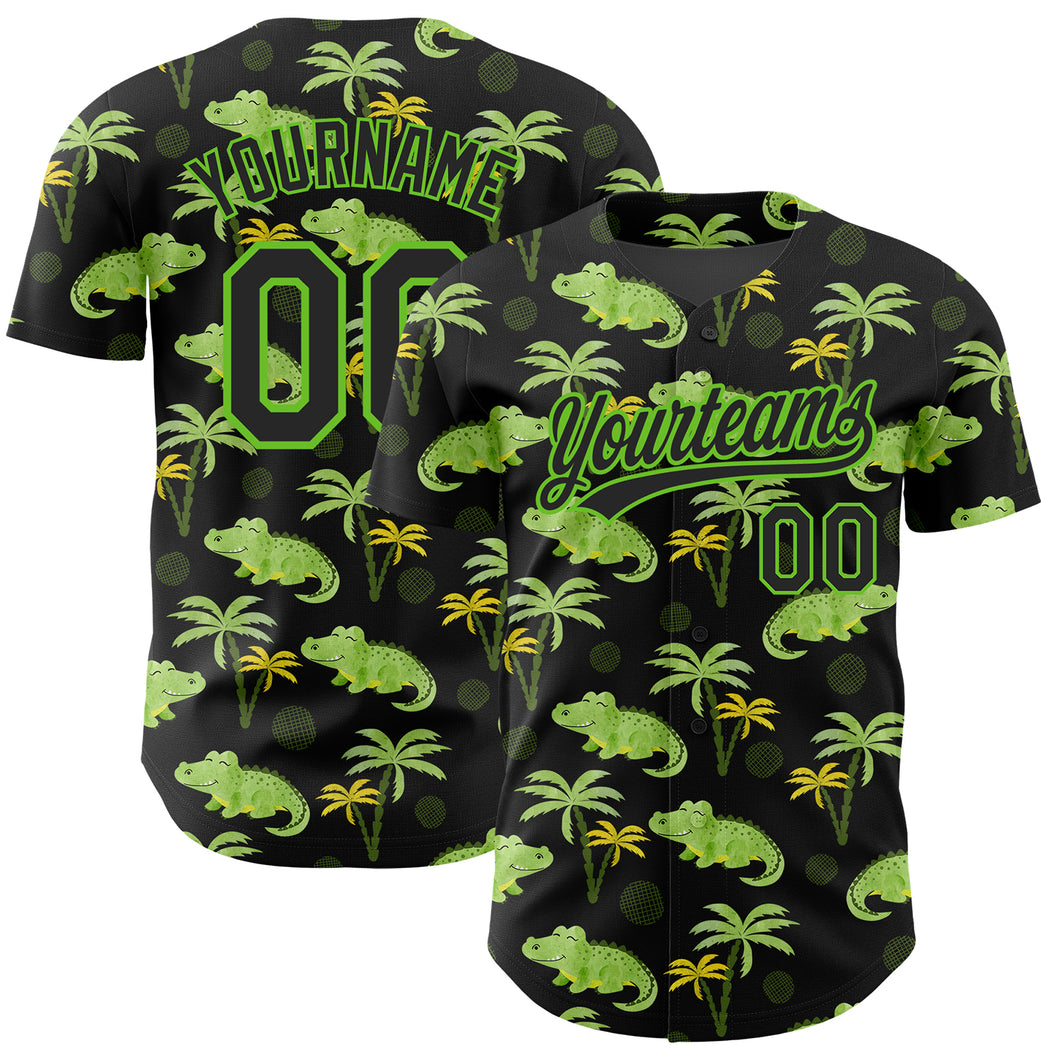 Custom Black Aurora Green 3D Pattern Design Crocodile And Tropical Hawaii Palm Trees Authentic Baseball Jersey