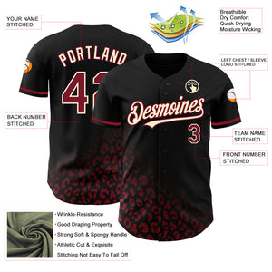 Custom Black Crimson-Cream 3D Pattern Design Leopard Print Fade Fashion Authentic Baseball Jersey
