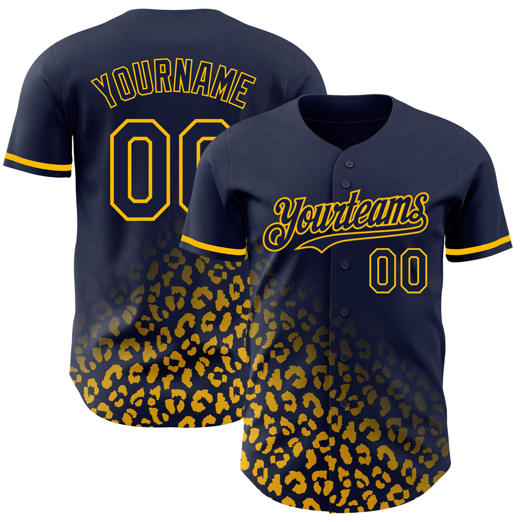 Custom Navy Gold 3D Pattern Design Leopard Print Fade Fashion Authentic Baseball Jersey