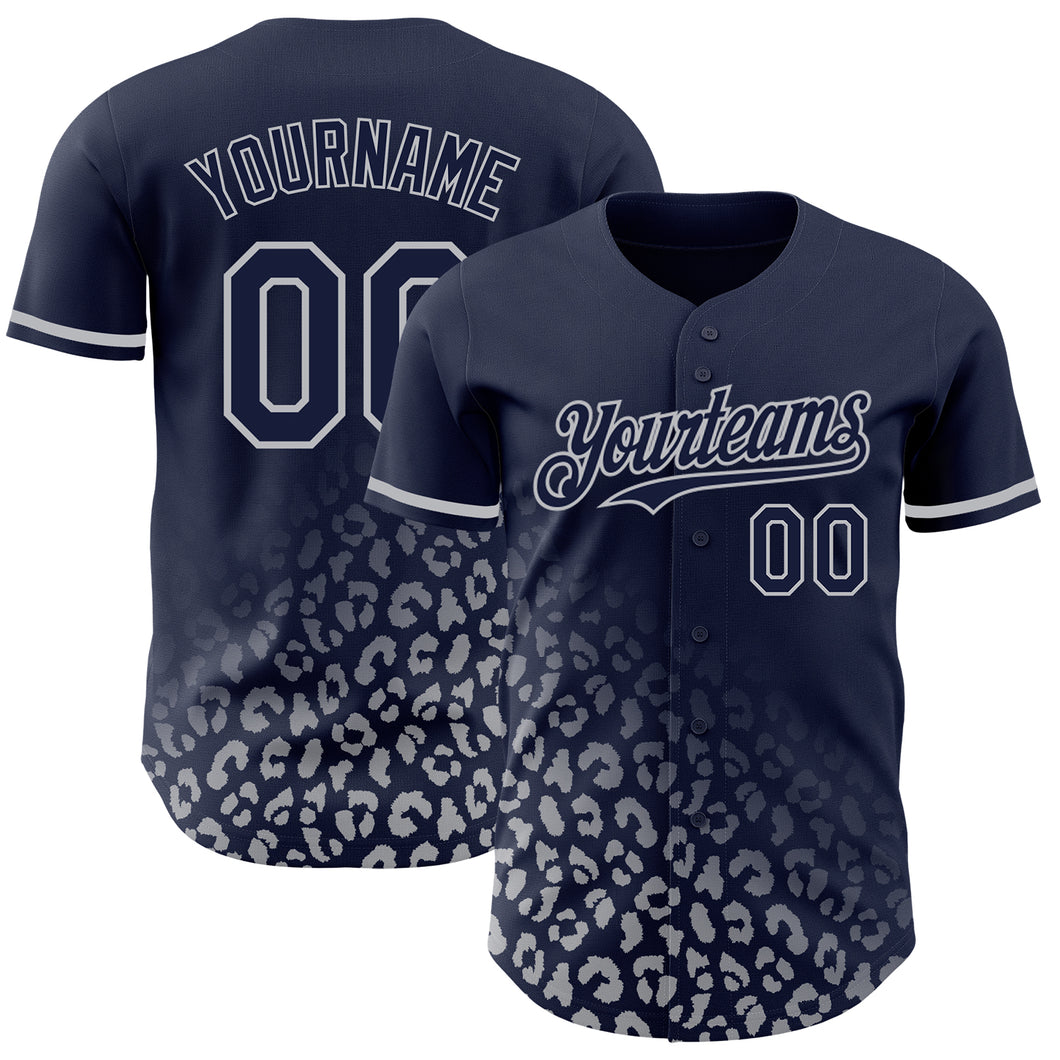 Custom Navy Gray 3D Pattern Design Leopard Print Fade Fashion Authentic Baseball Jersey