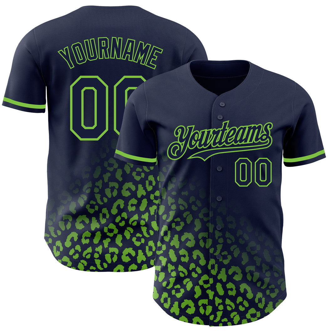 Custom Navy Neon Green 3D Pattern Design Leopard Print Fade Fashion Authentic Baseball Jersey