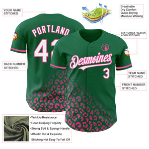 Custom Kelly Green White-Pink 3D Pattern Design Leopard Print Fade Fashion Authentic Baseball Jersey