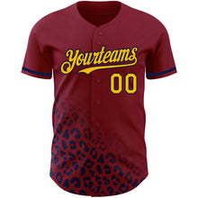Laden Sie das Bild in den Galerie-Viewer, Custom Crimson Gold-Navy 3D Pattern Design Leopard Print Fade Fashion Authentic Baseball Jersey
