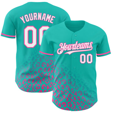 Custom Teal White-Pink 3D Pattern Design Leopard Print Fade Fashion Authentic Baseball Jersey