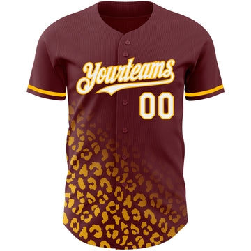 Custom Burgundy White-Gold 3D Pattern Design Leopard Print Fade Fashion Authentic Baseball Jersey