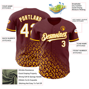 Custom Burgundy White-Gold 3D Pattern Design Leopard Print Fade Fashion Authentic Baseball Jersey