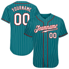 Load image into Gallery viewer, Custom Teal White Pinstripe White-Red Authentic Baseball Jersey
