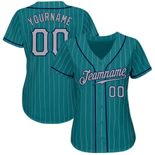 Load image into Gallery viewer, Custom Teal Gray Pinstripe Gray-Navy Authentic Baseball Jersey
