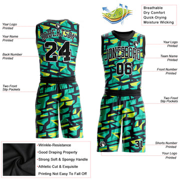 Custom Aqua Black-Neon Green Round Neck Sublimation Basketball Suit Jersey