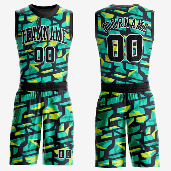 Custom Green White-Gold Round Neck Sublimation Basketball Suit