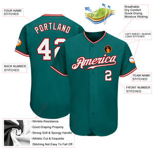 Custom Teal White-Red Authentic Baseball Jersey