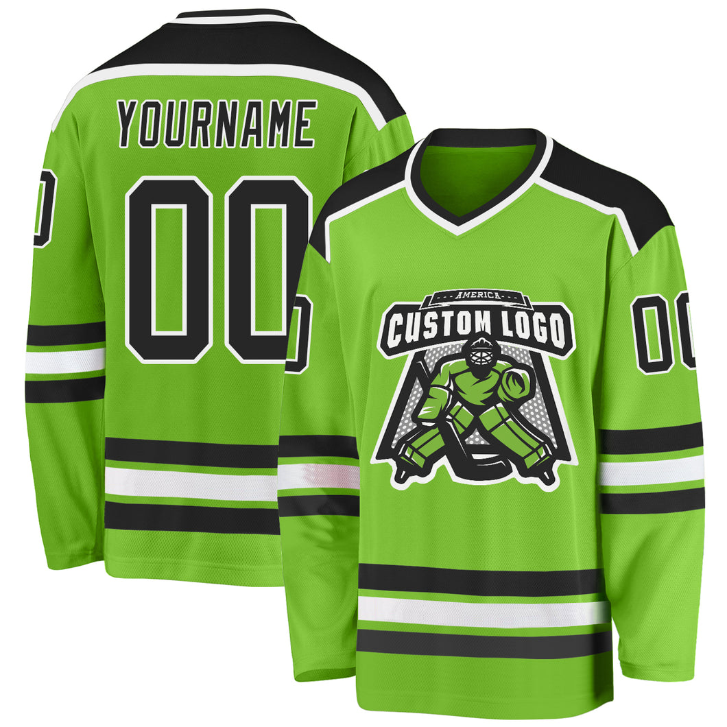 Custom Neon Green Black-White Hockey Jersey