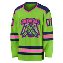 Load image into Gallery viewer, Custom Neon Green Navy-Pink Hockey Jersey
