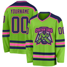 Load image into Gallery viewer, Custom Neon Green Navy-Pink Hockey Jersey
