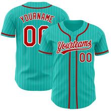 Load image into Gallery viewer, Custom Aqua White Pinstripe Red Authentic Baseball Jersey
