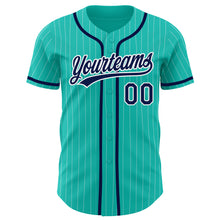 Load image into Gallery viewer, Custom Aqua White Pinstripe Navy Authentic Baseball Jersey
