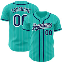 Load image into Gallery viewer, Custom Aqua White Pinstripe Navy Authentic Baseball Jersey
