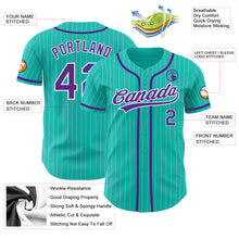 Load image into Gallery viewer, Custom Aqua White Pinstripe Purple Authentic Baseball Jersey
