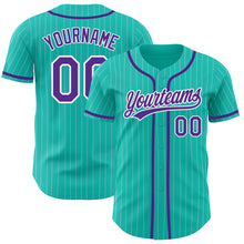Laden Sie das Bild in den Galerie-Viewer, Custom Aqua White Pinstripe Purple Authentic Baseball Jersey
