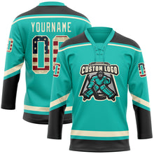 Laden Sie das Bild in den Galerie-Viewer, Custom Aqua Vintage USA Flag Black-Cream Hockey Lace Neck Jersey
