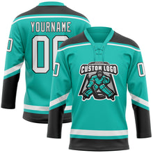 Загрузить изображение в средство просмотра галереи, Custom Aqua White-Black Hockey Lace Neck Jersey
