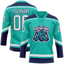 Laden Sie das Bild in den Galerie-Viewer, Custom Aqua White-Navy Hockey Lace Neck Jersey
